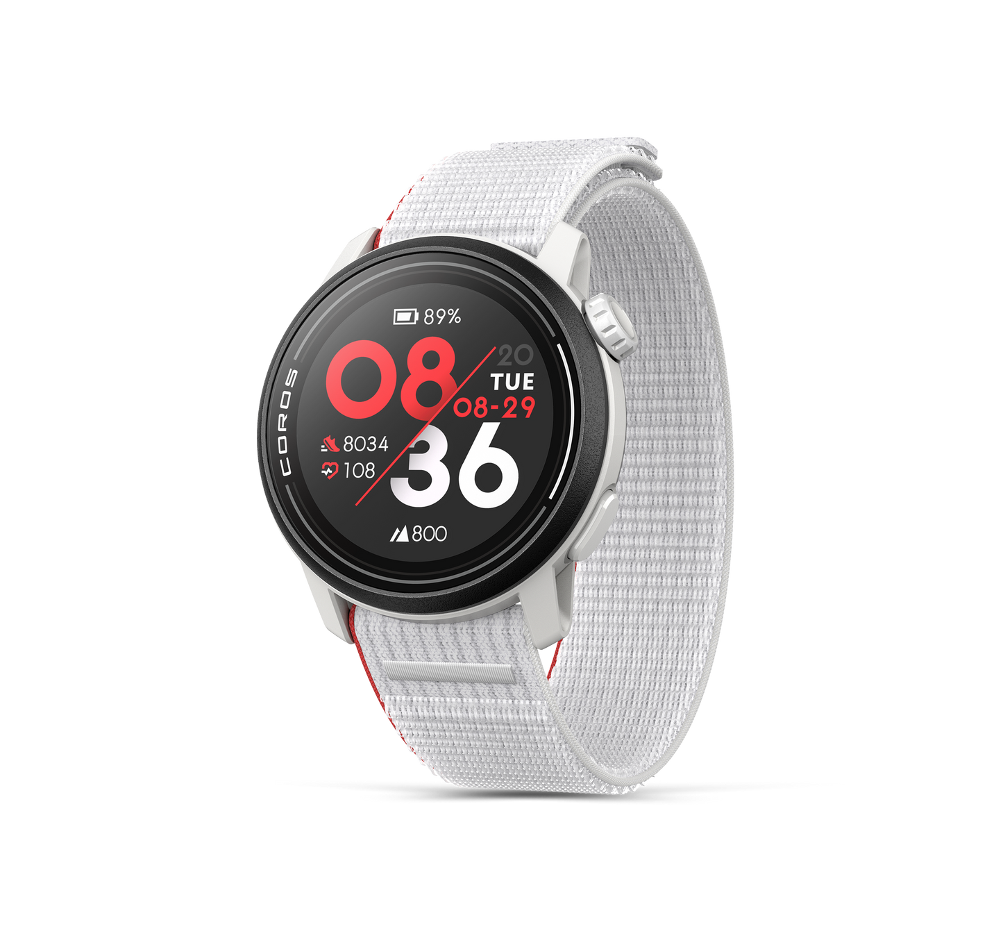Front view of the COROS PACE 3 GPS Sport Watch Chalk facing slightly left with the Chalk Nylon band