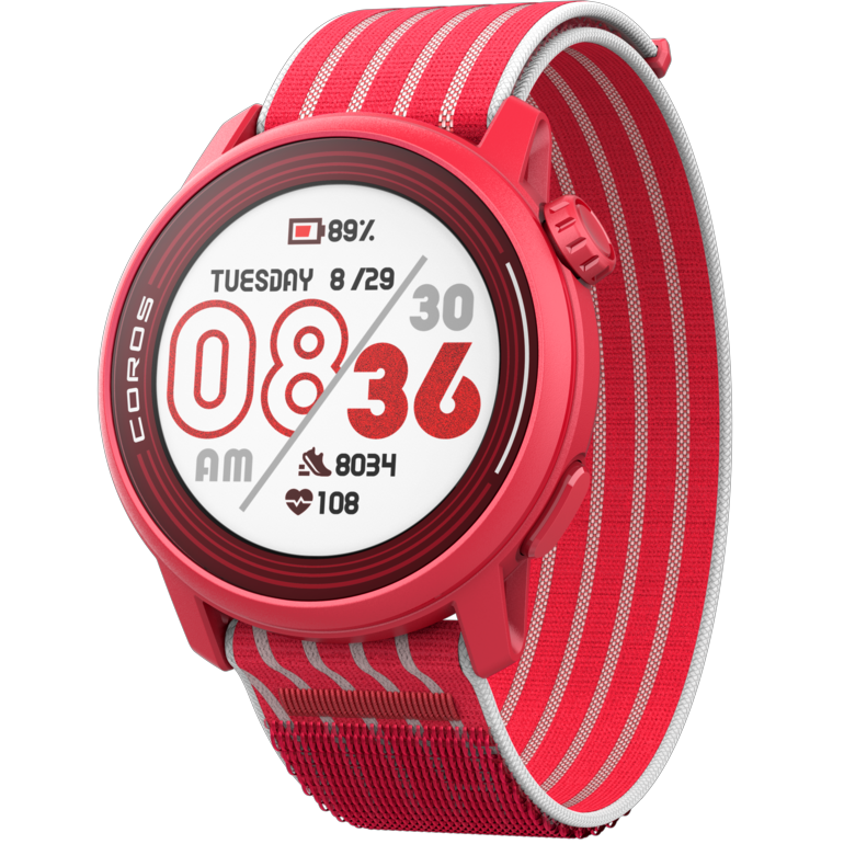 Front view of the PACE 3 Track Edition watch facing slightly left with the Red Nylon band.