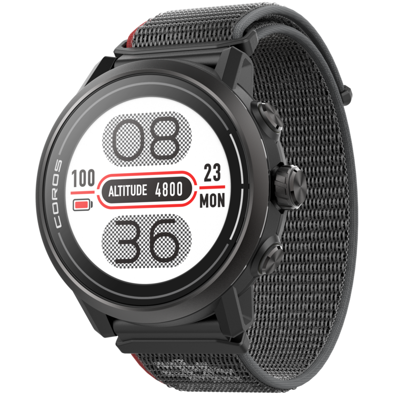 Front view of the APEX 2 Black watch facing slightly left with the Black nylon band.