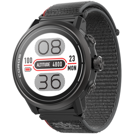 Front view of the APEX 2 Black watch facing slightly left with the Black nylon band.