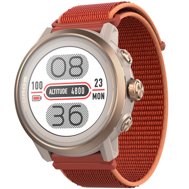 Front view of the APEX 2 Coral watch facing slightly left with the Coral nylon band.