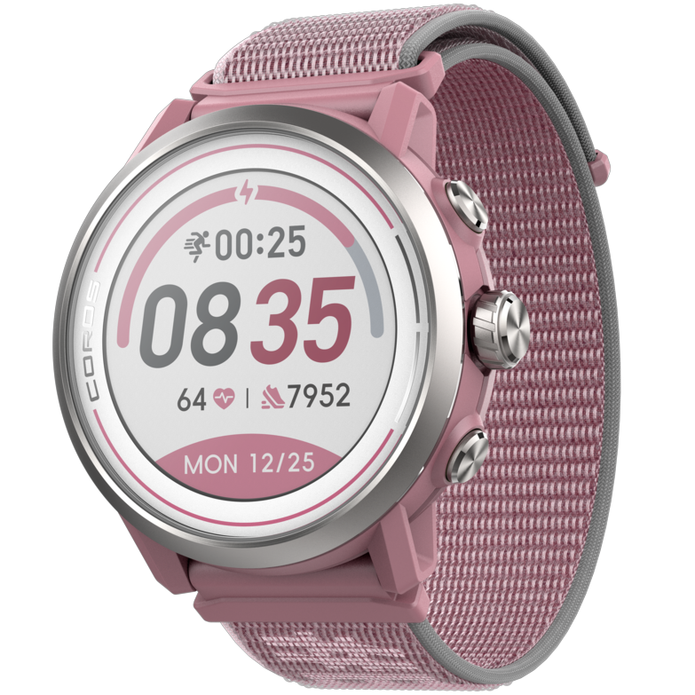 Front view of the APEX 2 Dusty Pink watch facing slightly left with the Dusty Pink nylon band.
