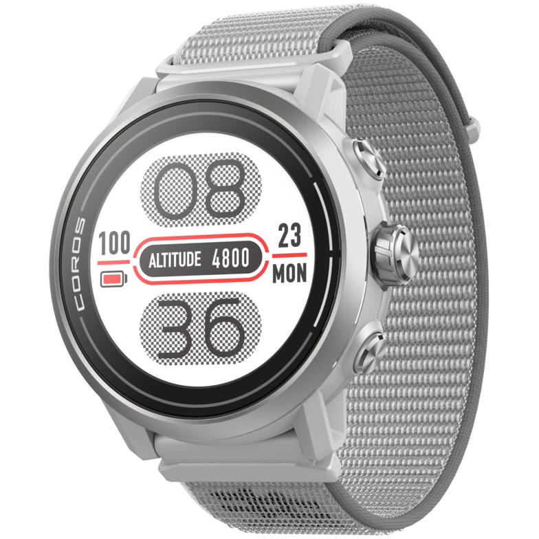 Front view of the APEX 2 Grey watch facing slightly left with the Grey nylon band.