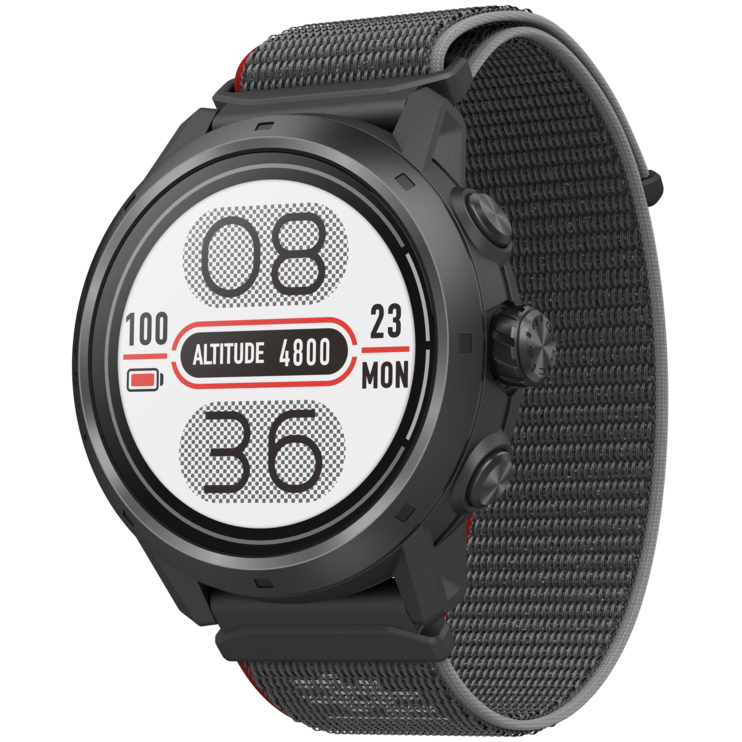 Front view of the APEX 2 Pro Black watch facing slightly left with the Black nylon band.