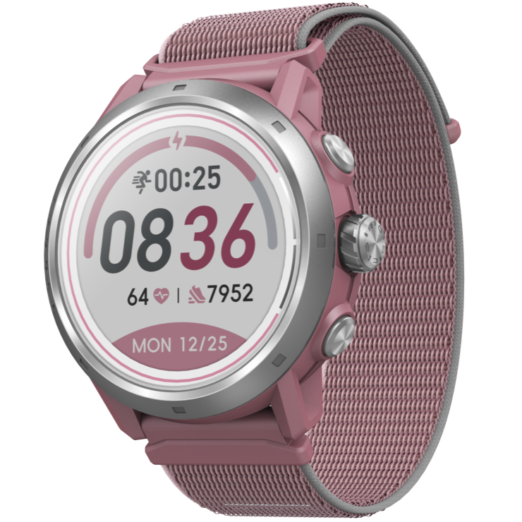 Front view of the APEX 2 Pro Dusty Pink watch facing slightly left with the Dusty Pink Nylon band.