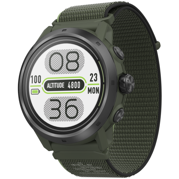 Front view of the APEX 2 Pro Green watch facing slightly left with the Green nylon band.
