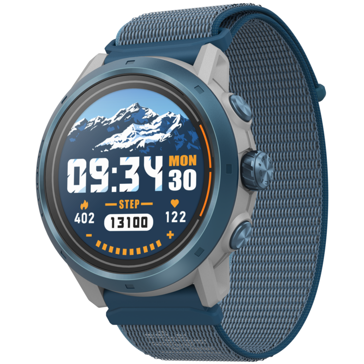 Front view of the APEX 2 Pro Chamonix watch facing slightly left with the Blue nylon band.
