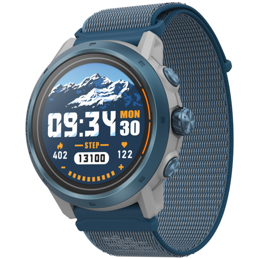 Front view of the APEX 2 Pro Chamonix watch facing slightly left with the Blue nylon band.