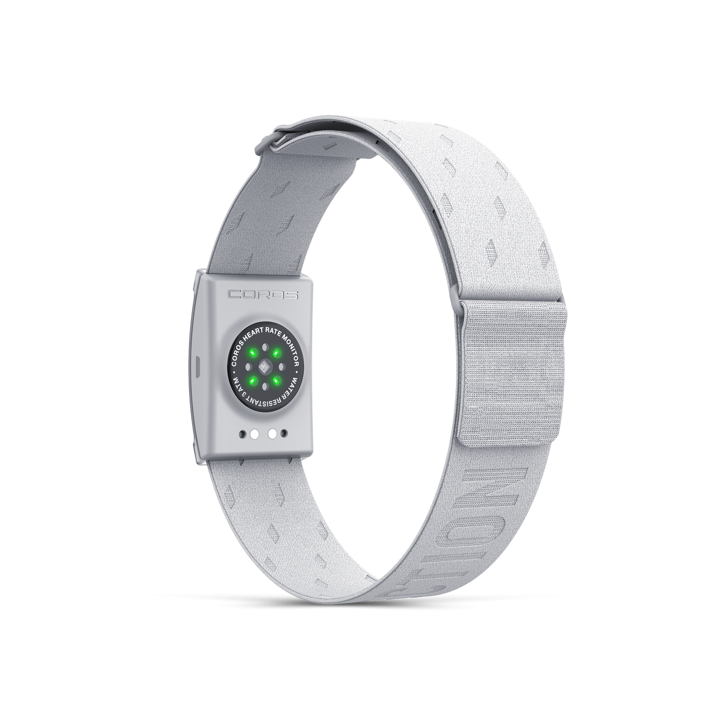 Rear view of the COROS Heart Rate Monitor facing slightly left with the grey band attached.