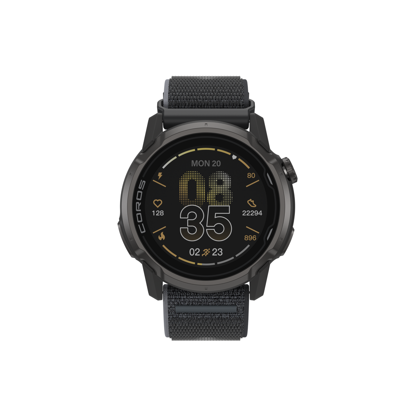 Front view of the COROS APEX 4 42mm GPS Watch Black Watch Body with Black Nylon Band