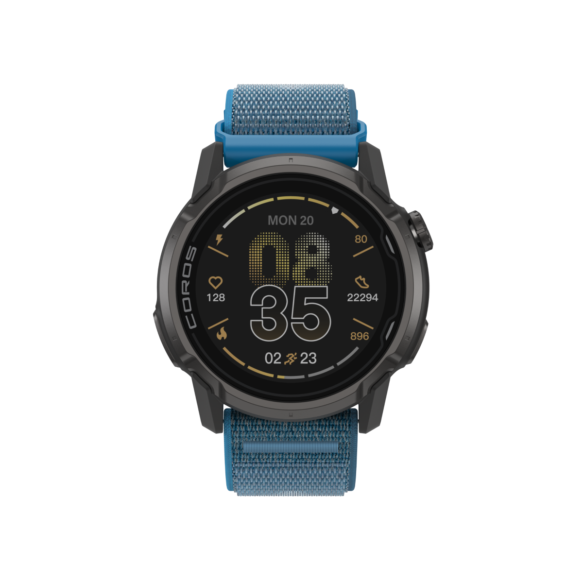 Front view of the COROS APEX 4 42mm Black Watch with Blue Nylon Band