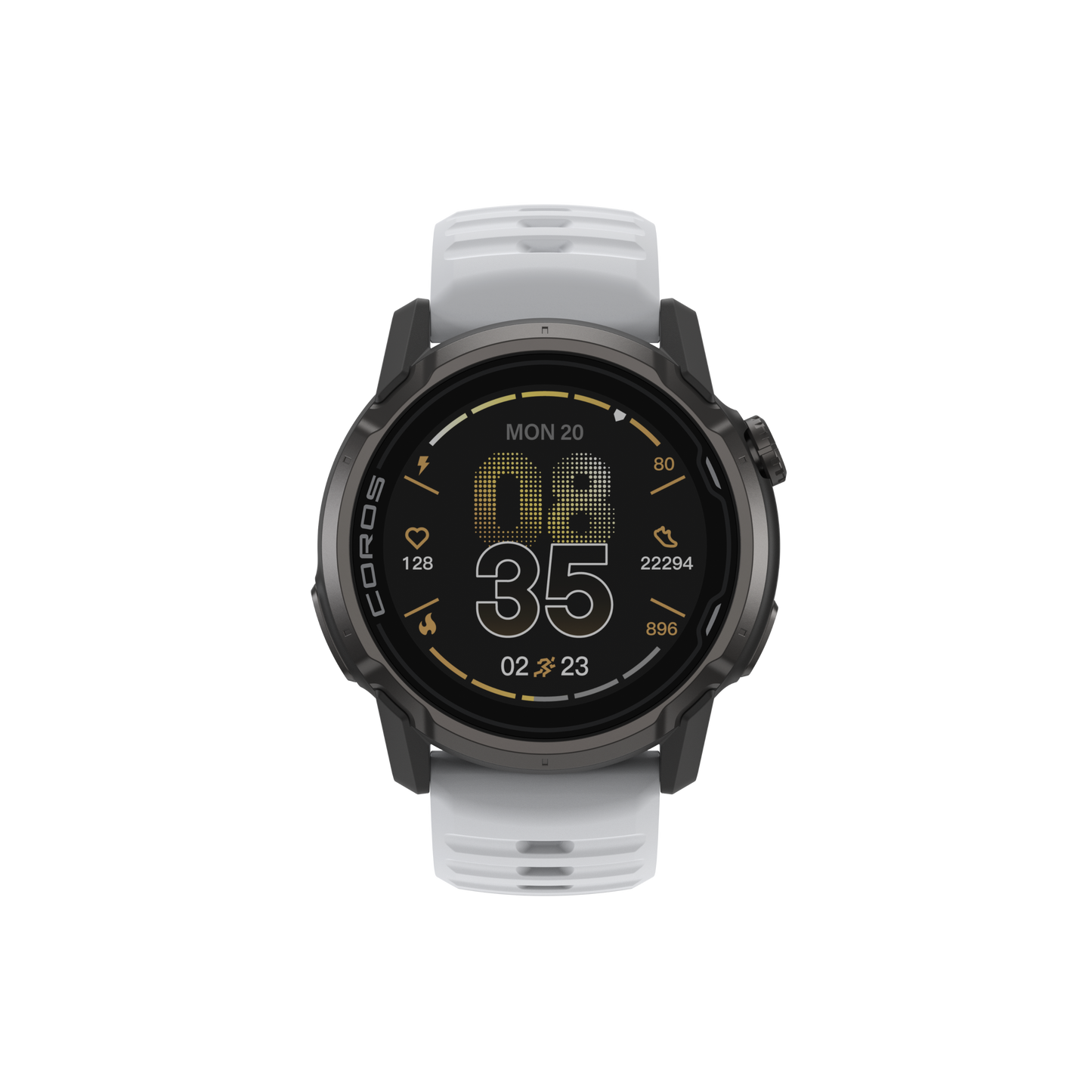 Front view of the COROS APEX 4 42mm GPS Watch Black Watch Body with White Silicone Band