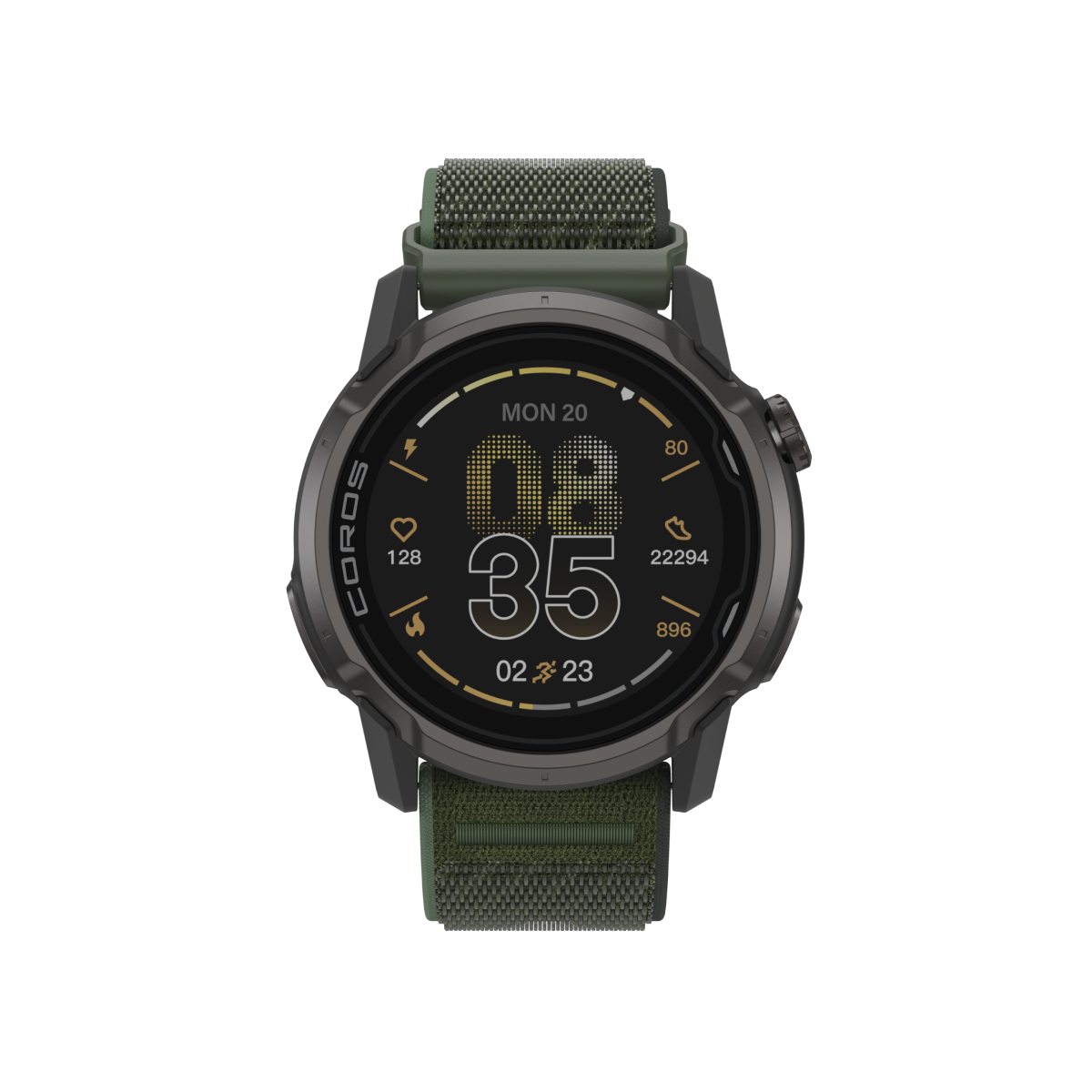 Front view of the COROS APEX 4 42mm GPS Watch in Black / Nylon / Green