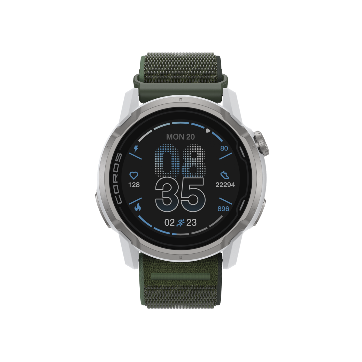 Front view of the COROS APEX 4 42mm GPS Watch in White / Nylon / Green