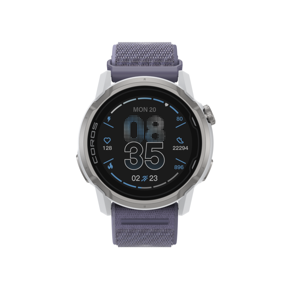 Front view of APEX 4 42mm white watch body with lavender nylon