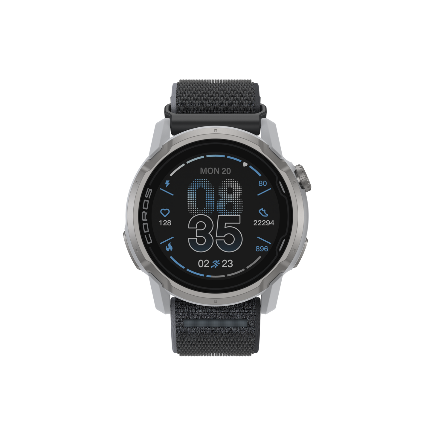 Front view of the COROS APEX 4 42mm GPS Watch White Watch Body with Black Nylon Band