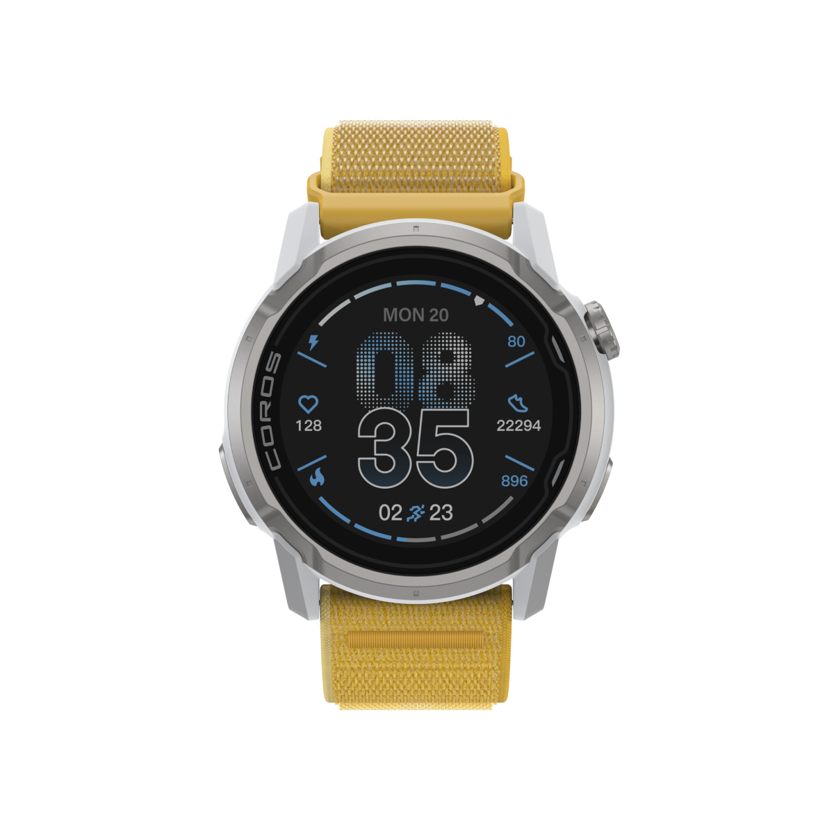 Front view of COROS APEX 4 42mm white watch body with yellow nylon