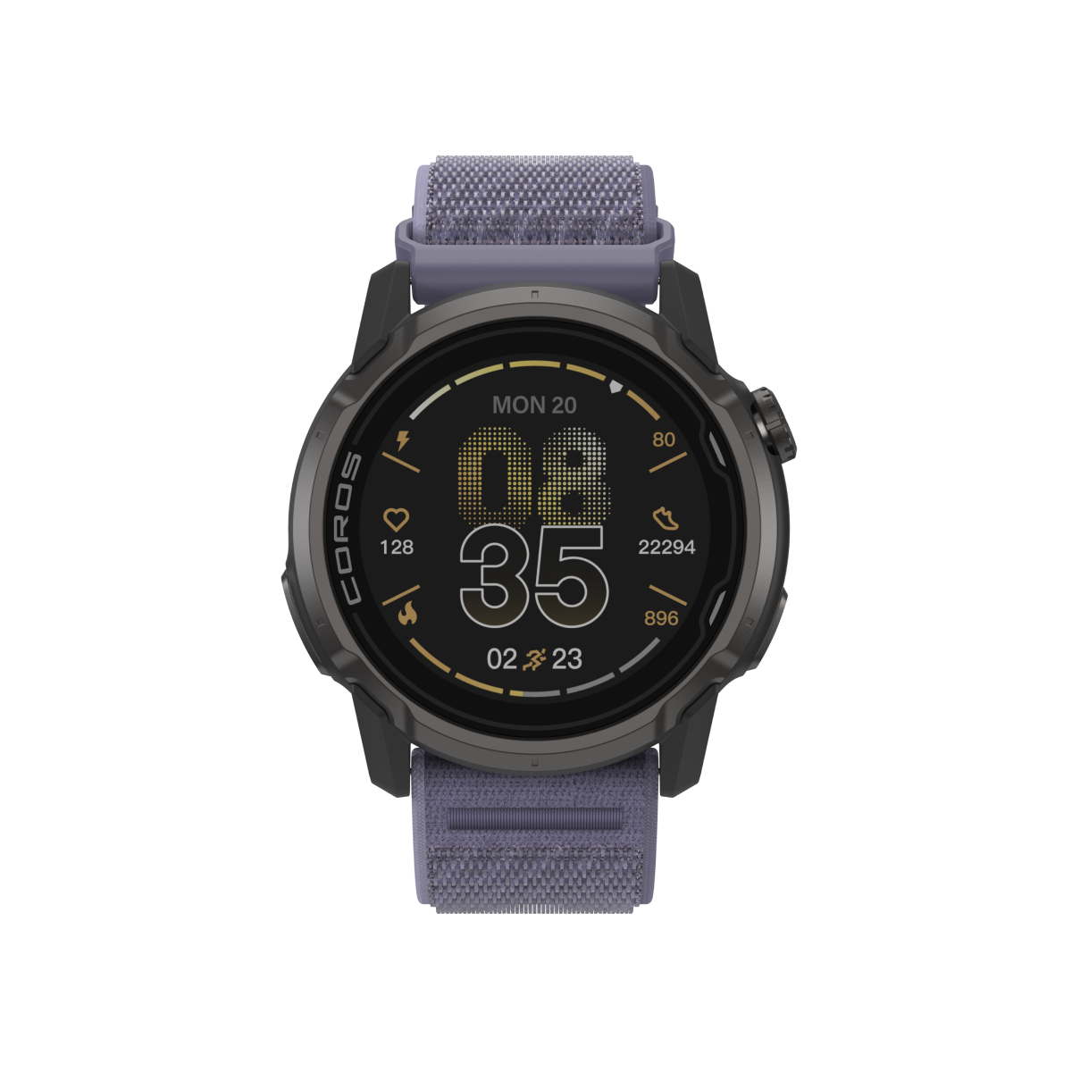 Front view of APEX 4 46mm black watch body with lavender nylon