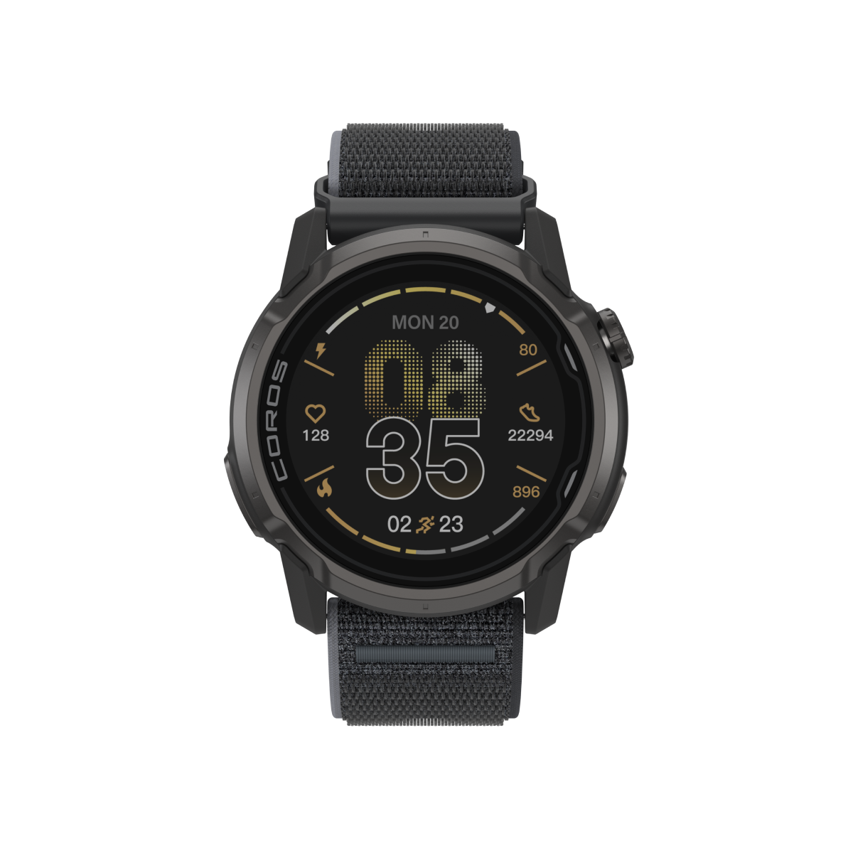 Front view of the COROS APEX 4 46mm Black body with Black Nylon Band