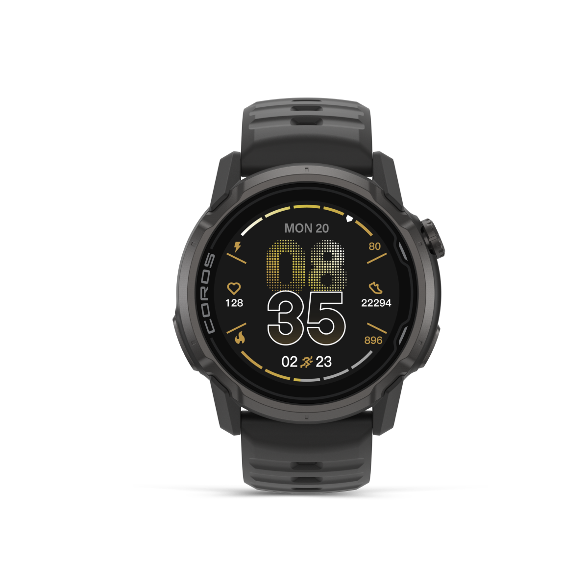 Front view of the COROS APEX 4 46mm Black Watch with Black Silicone Band