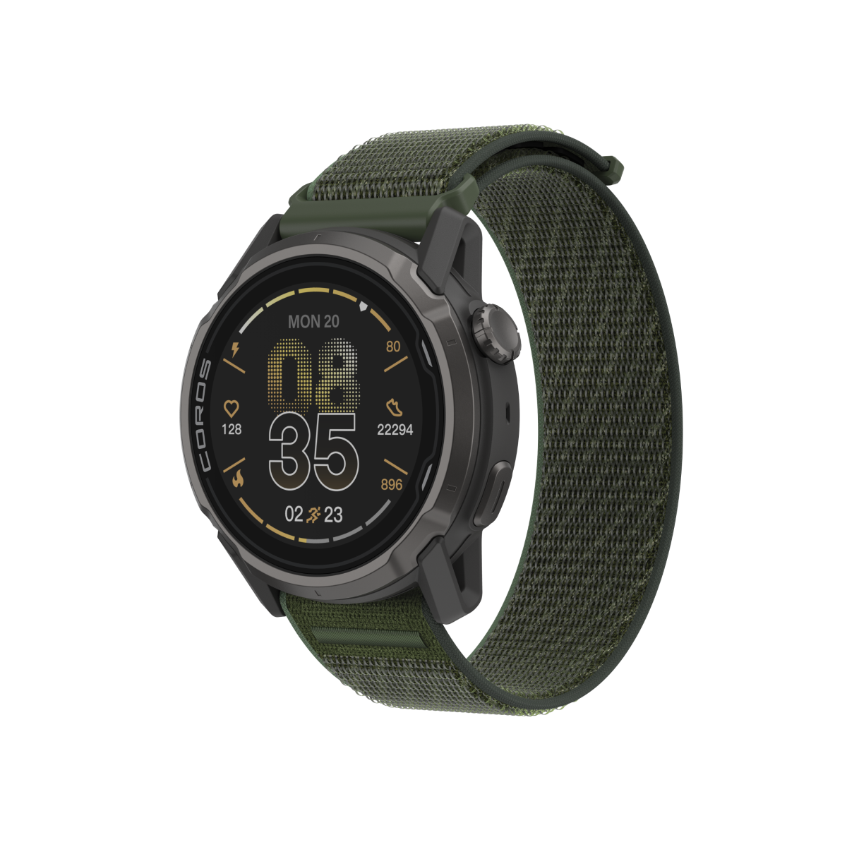 Front three-quarter view of APEX 4 46mm black watch body with green nylon