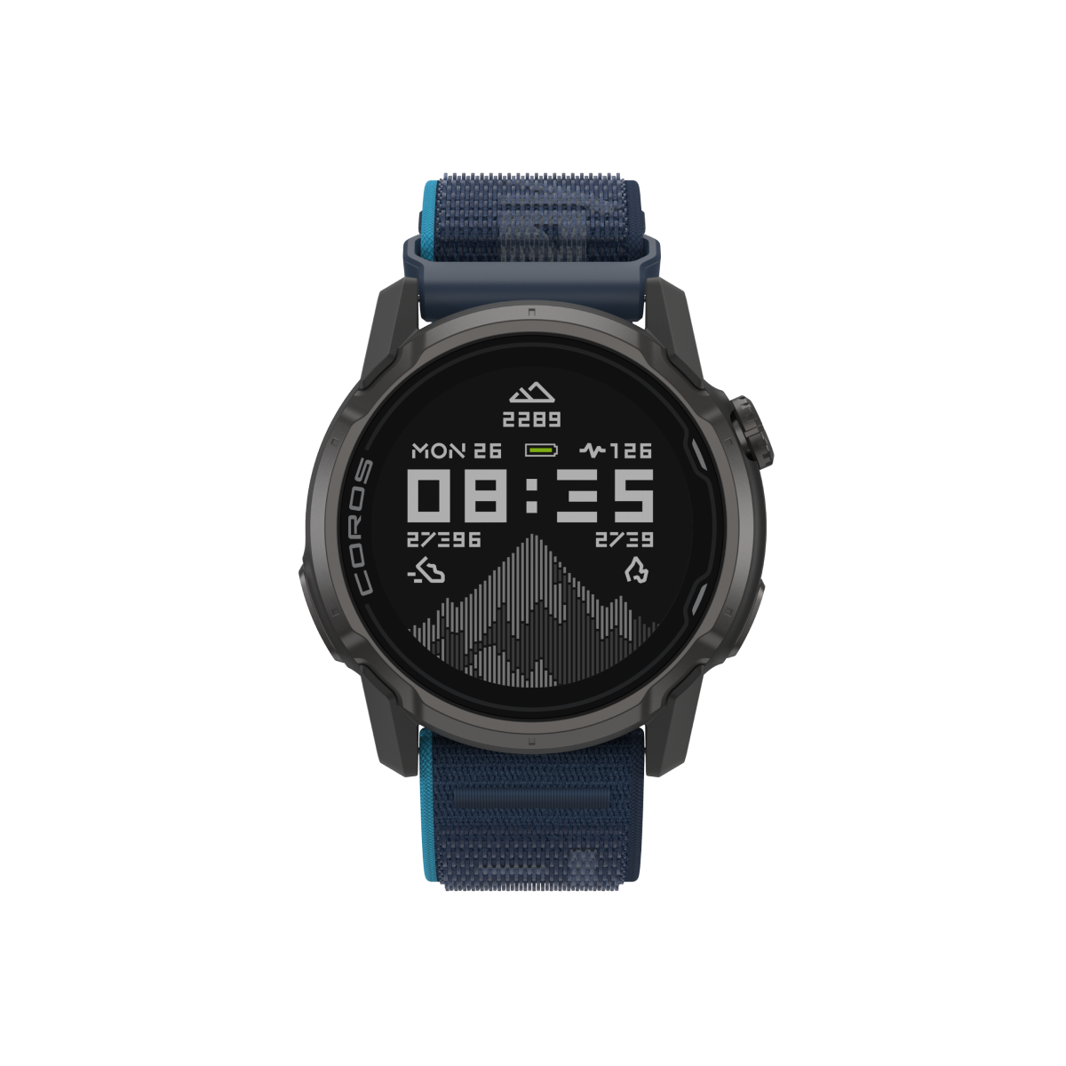 Front view of the COROS APEX 4 46mm Black Watch with Kilian Jornet Nylon Band