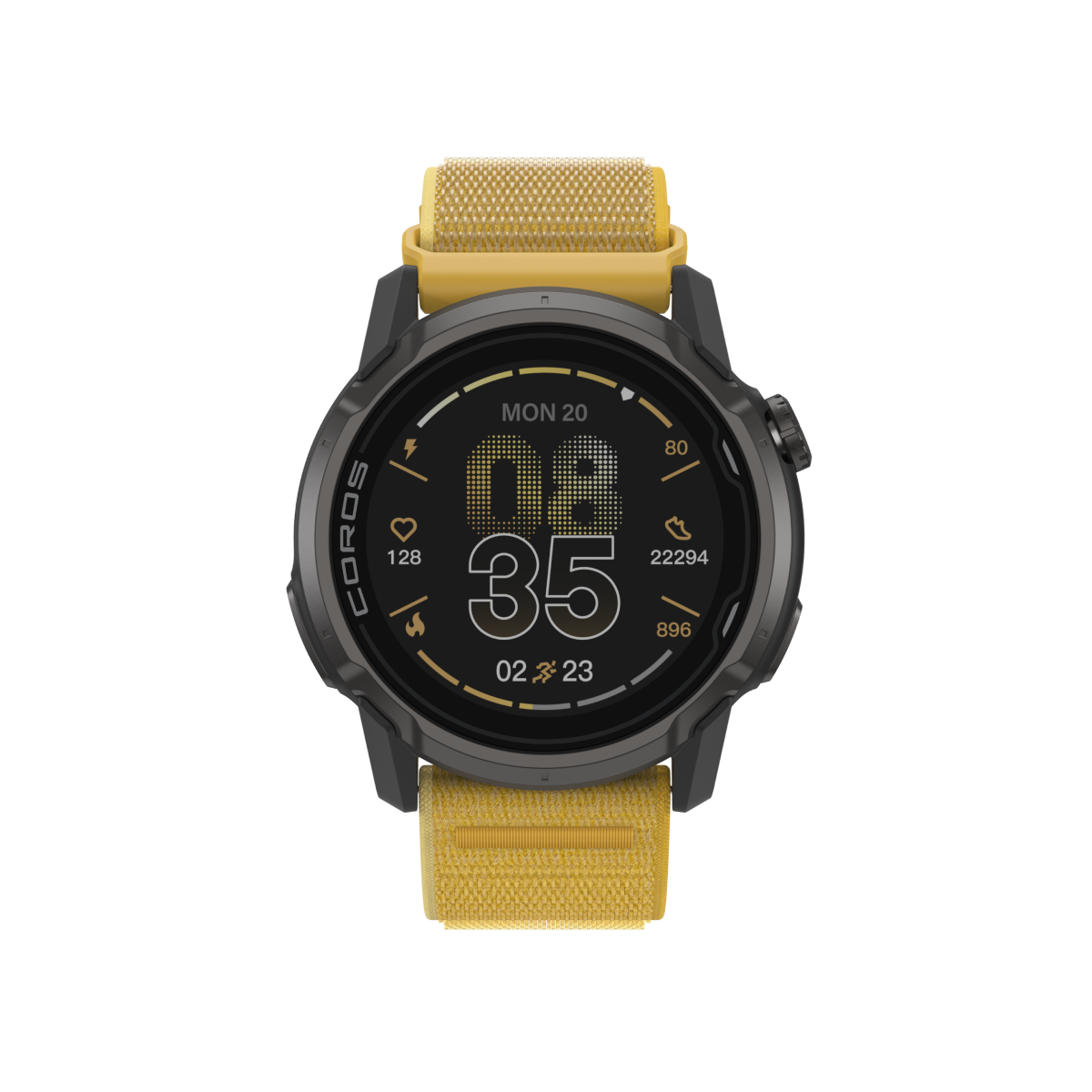 Front view of COROS APEX 4 46mm black watch body with yellow nylon