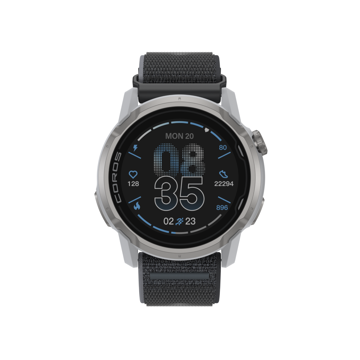 Front view of the COROS APEX 4 46mm White body with Black Nylon Band