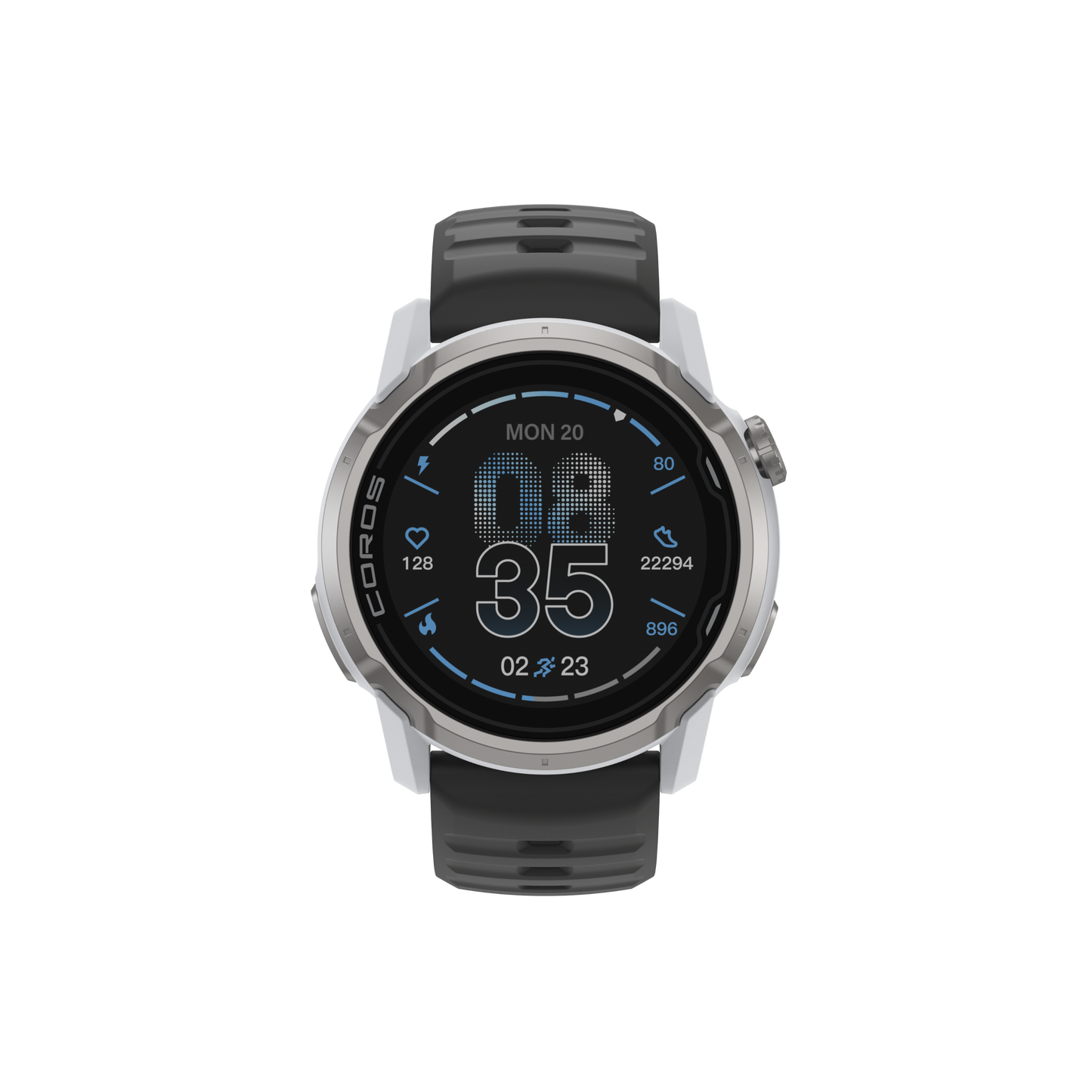Front view of the COROS APEX 4 46mm White Watch with Black Silicone Band