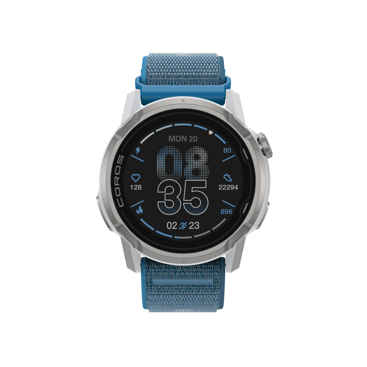 Front view of COROS APEX 4 46mm white watch body with blue nylon