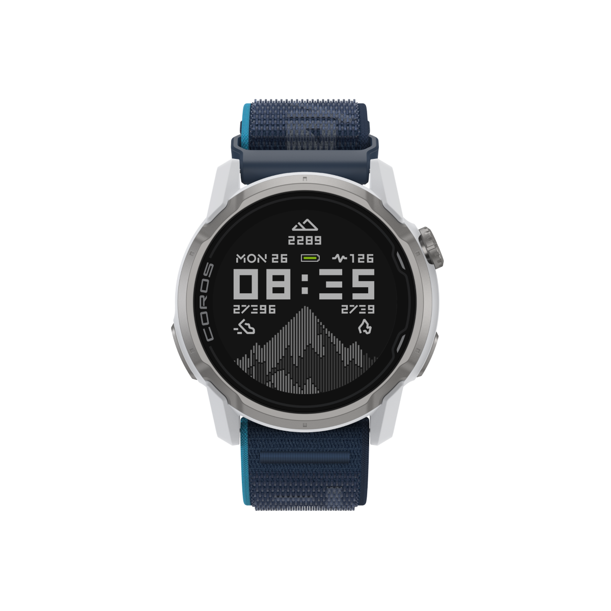 Front view of the COROS APEX 4 46mm White Watch with Kilian Jornet Nylon Band