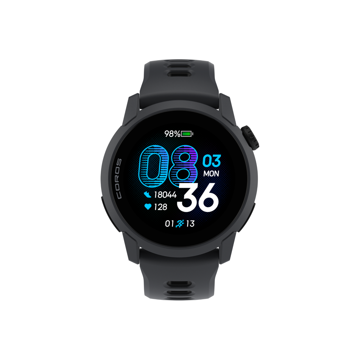 Front view of the COROS PACE 4 GPS Watch Black Watch Body with Black Silicone Band