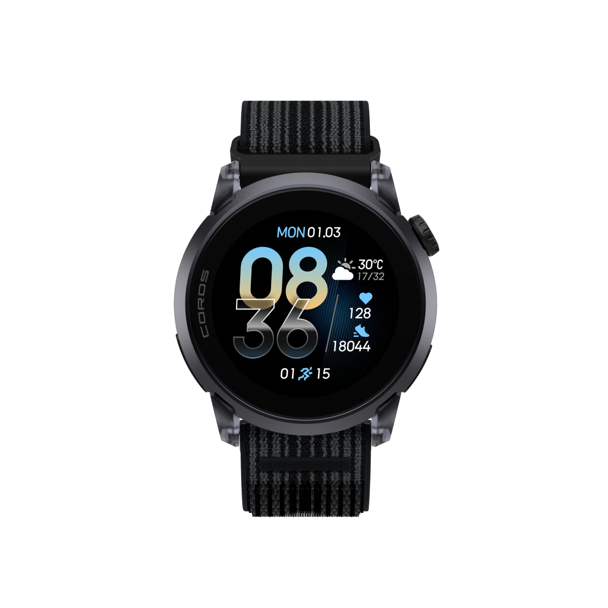 Front view of COROS PACE 4 Black Crystal Watch with Black Nylon Band