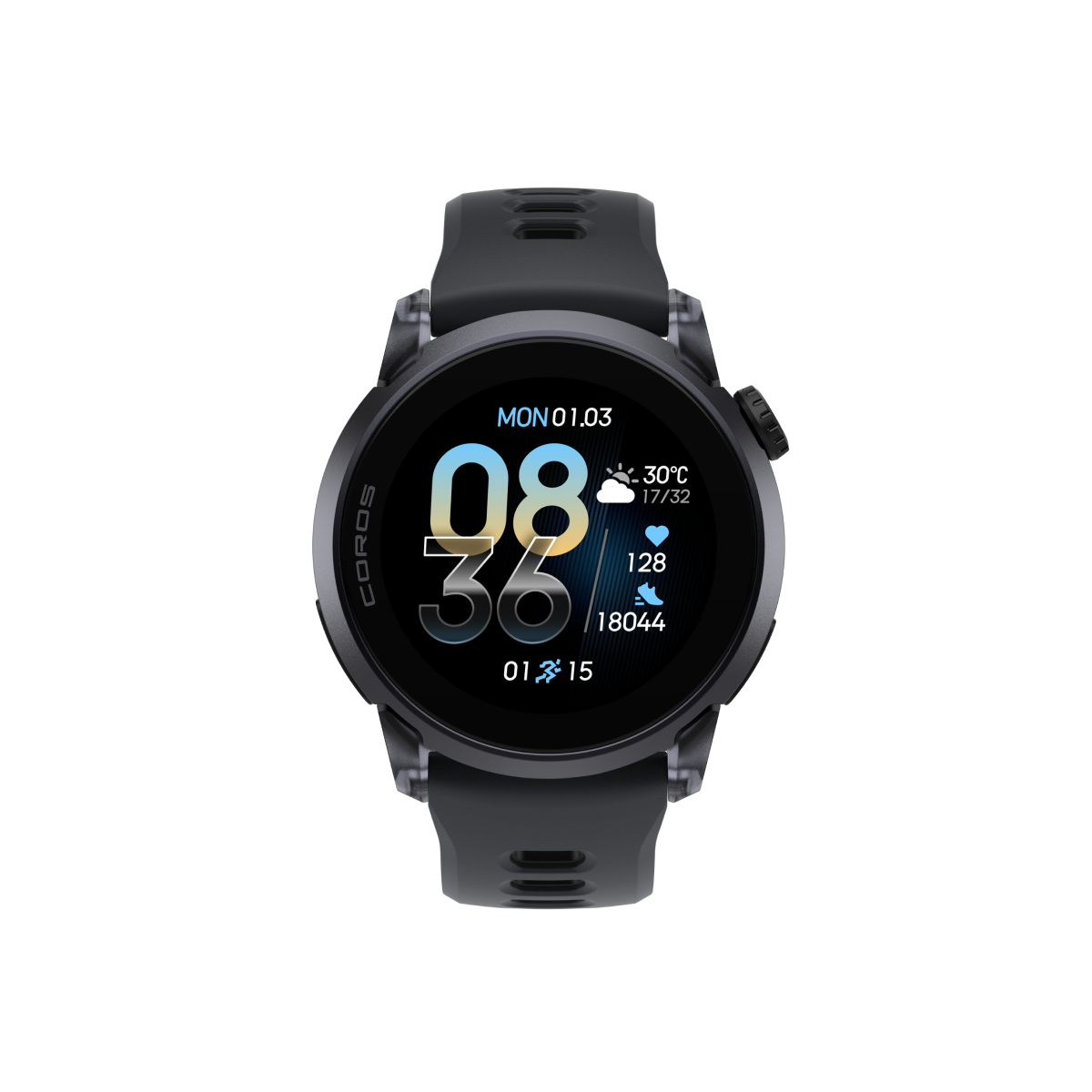 Front view of COROS PACE 4 Black Crystal watch with Black Silicone Band