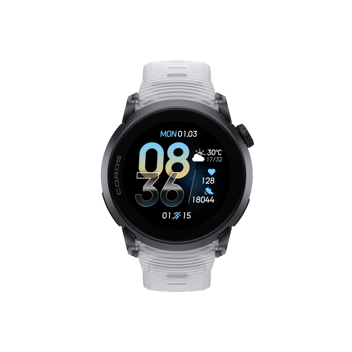 Front view of COROS PACE 4 black crystal watch body with cloud white silicone band