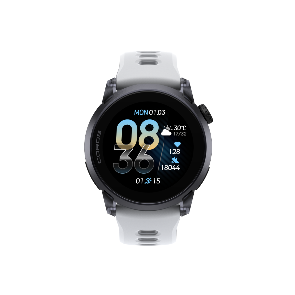Front view of COROS PACE 4 Black Crystal watch with White Silicone Band