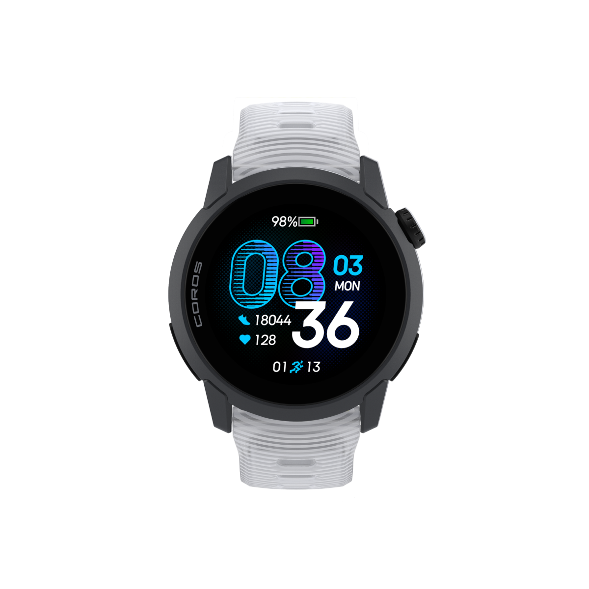 Front view of COROS PACE 4 black watch body with cloud white silicone band