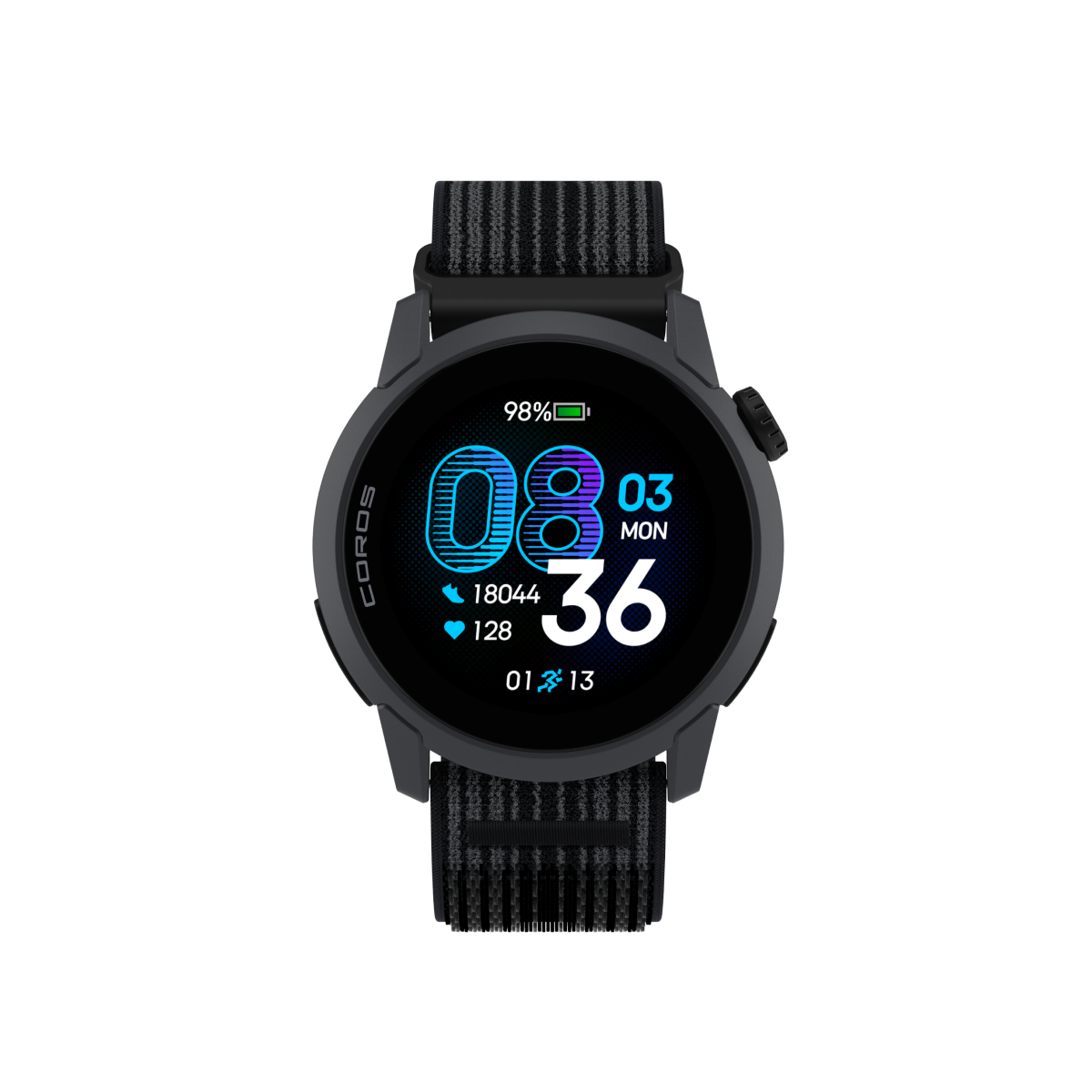 Front view of the COROS PACE 4 Black Long watch with Black Long Nylon Band