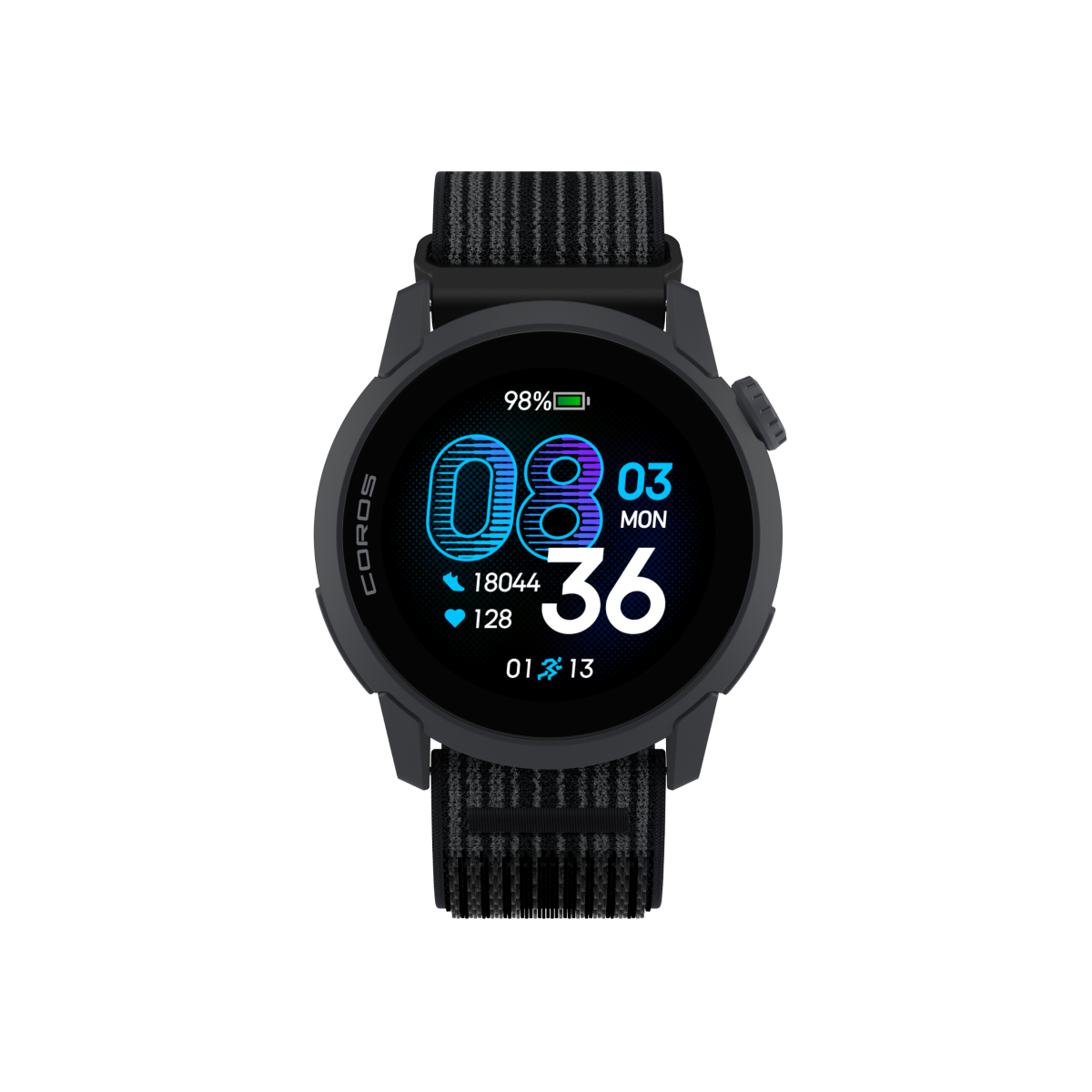 Front view of the COROS PACE 4 GPS Watch Black Watch Body with Black Nylon Band