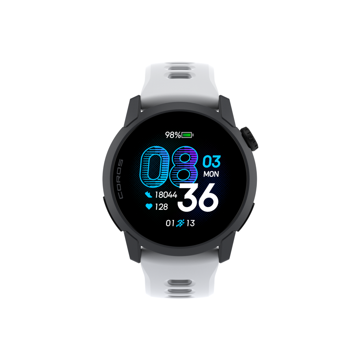 Front view of the COROS PACE 4 Black watch with White Silicone Band