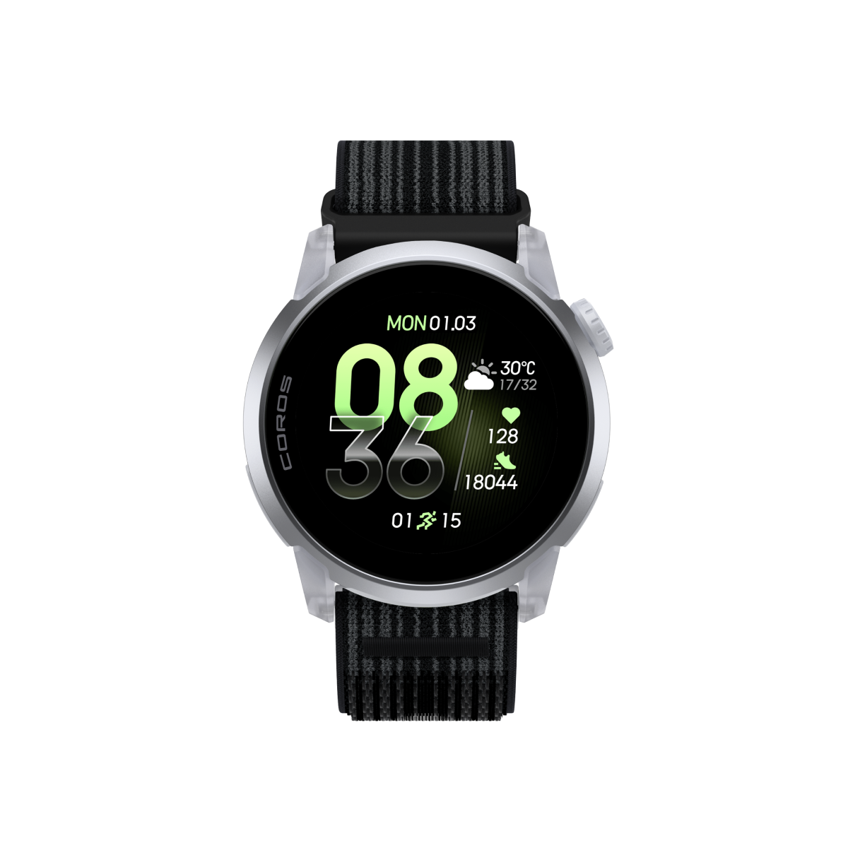 Front view of COROS PACE 4 Cloud White watch with Black Long nylon band