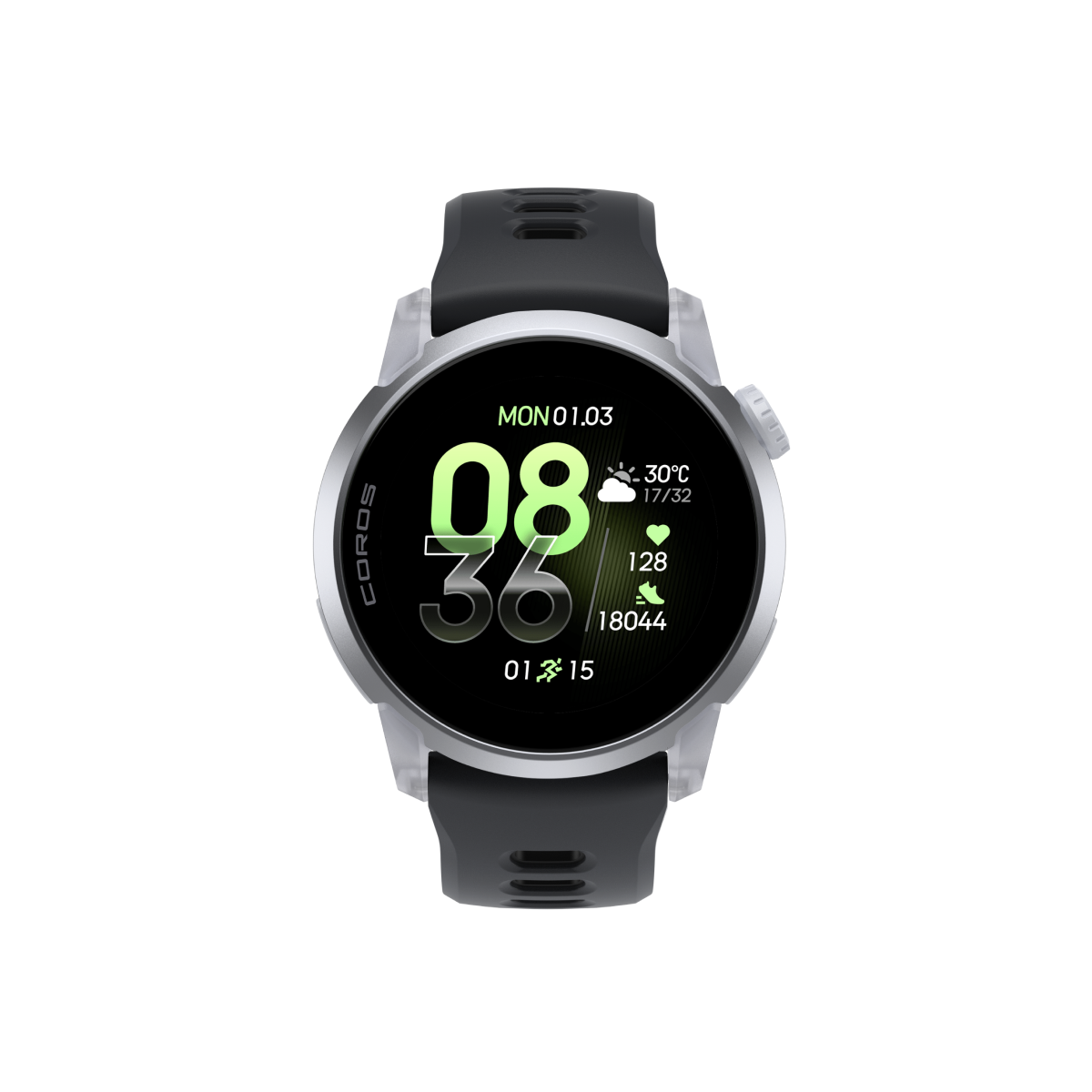 Front view of COROS PACE 4 cloud white watch body with black silicone band