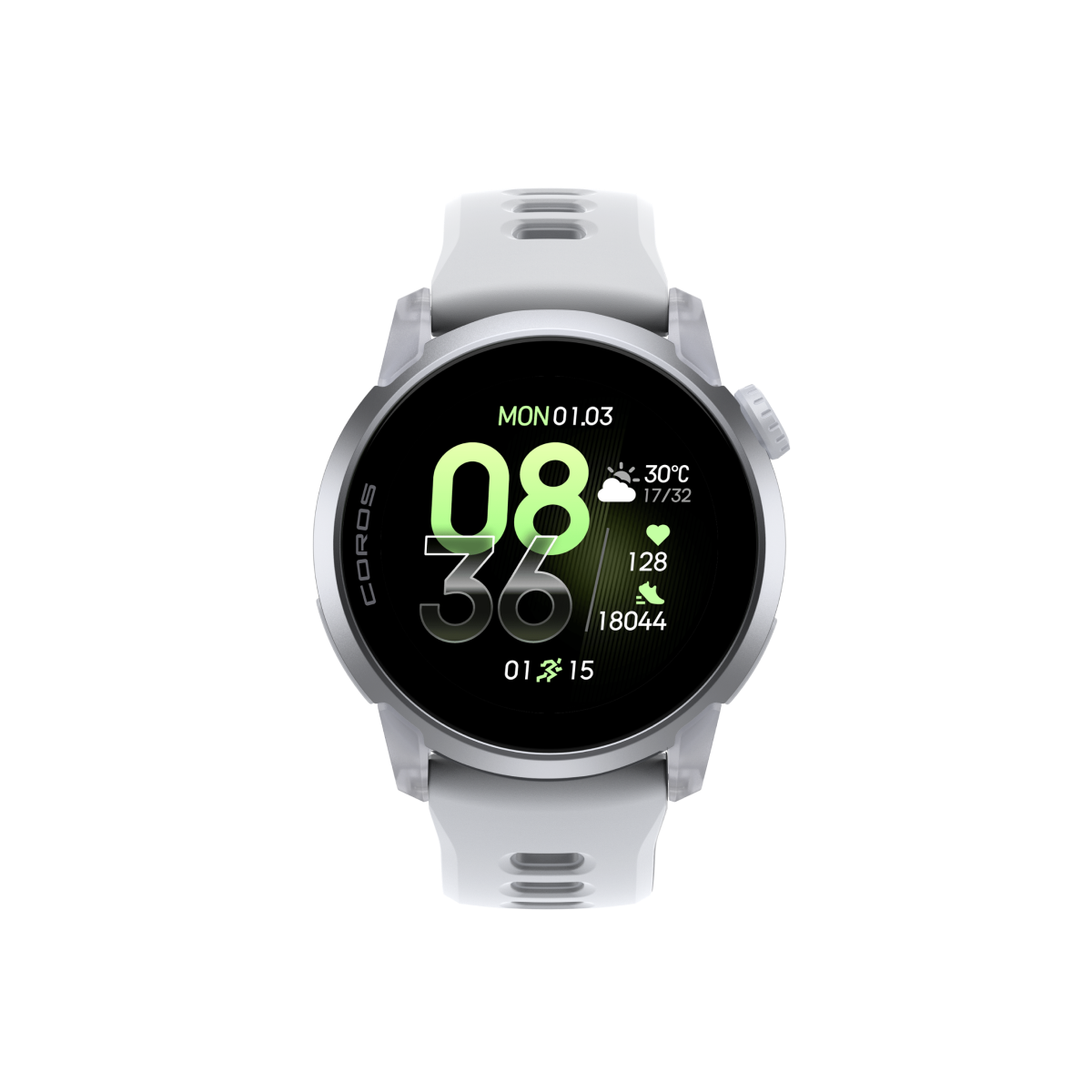 Front view of COROS PACE 4 cloud white watch body with white silicone band