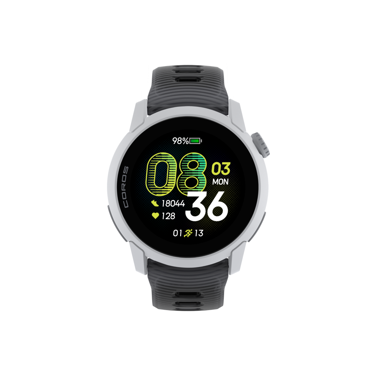 Front view of COROS PACE 4 White Watch with Black Crystal Silicone Band