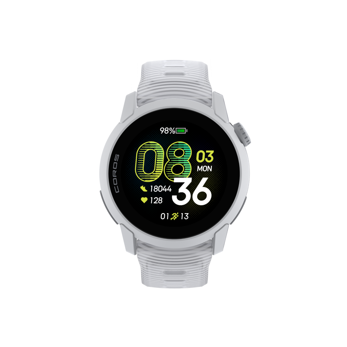 Front view of COROS PACE 4 White watch with Cloud White silicone band
