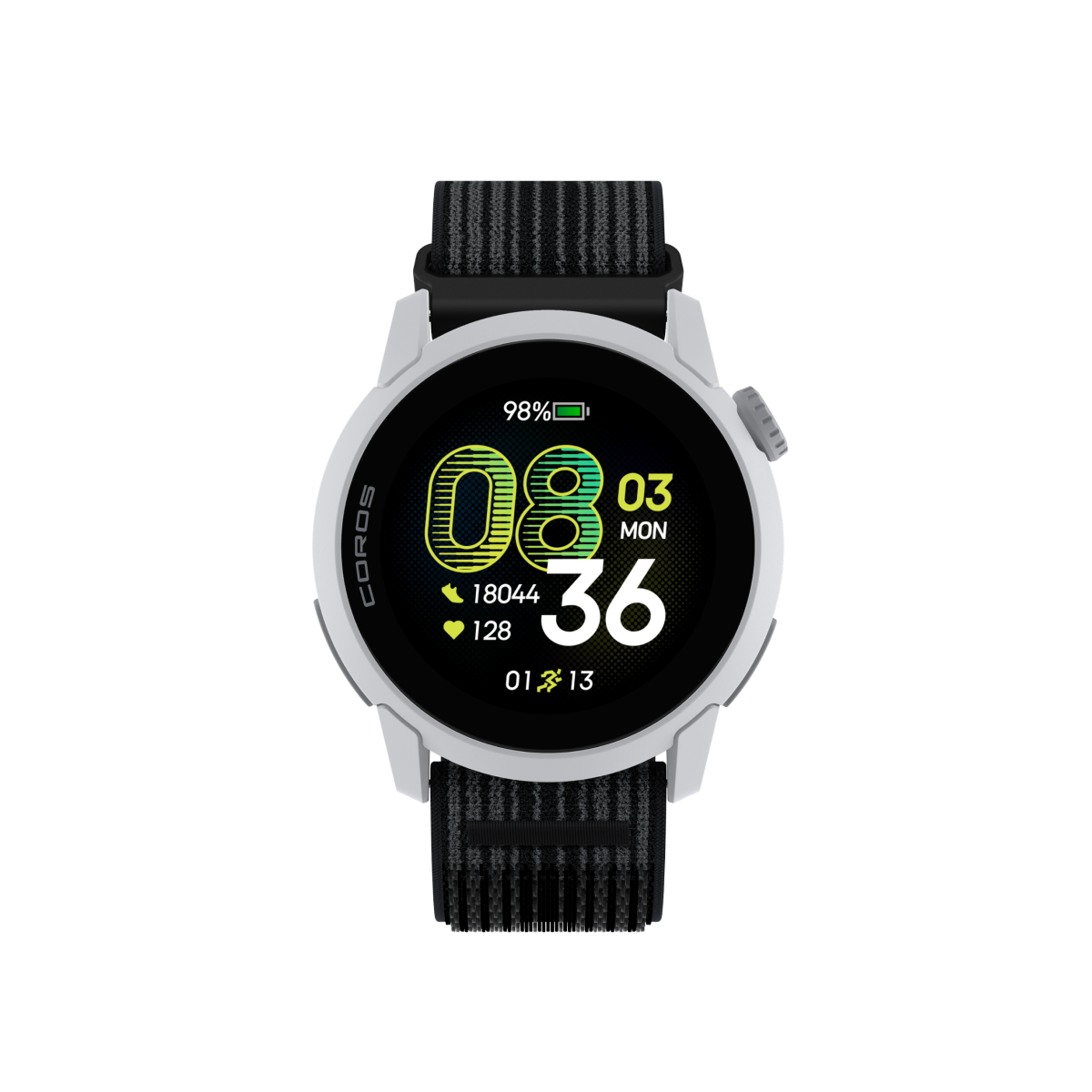 Front view of the COROS PACE 4 White watch with Black Nylon Band