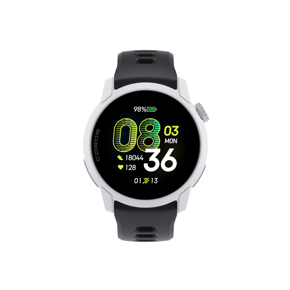 Front view of the COROS PACE 4 White watch with Black Silicone Band