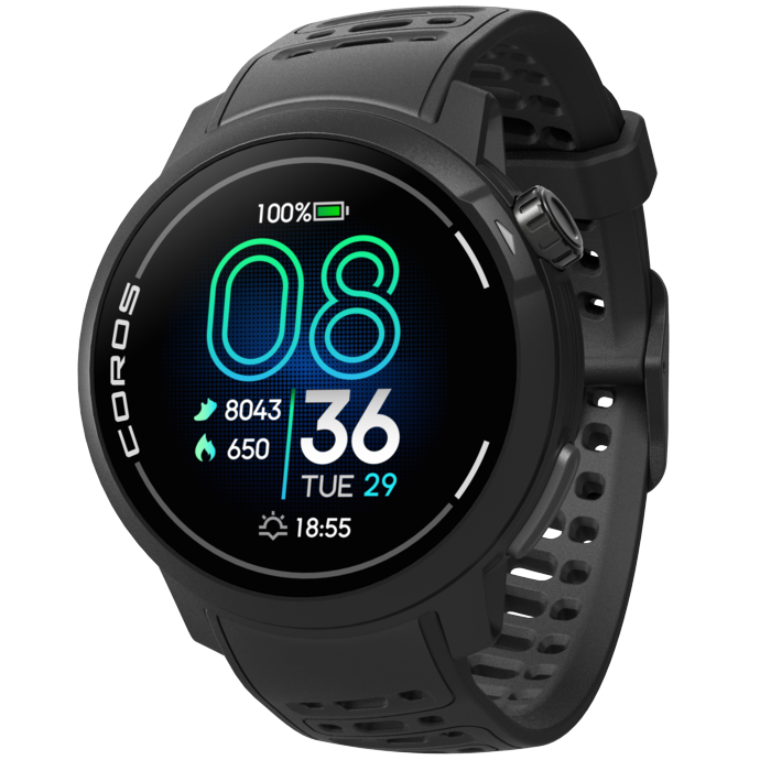 Front view of the PACE Pro Black watch facing slightly left with the Black silicone band.