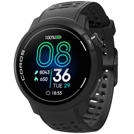 Front view of the PACE Pro Black watch facing slightly left with the Black silicone band.