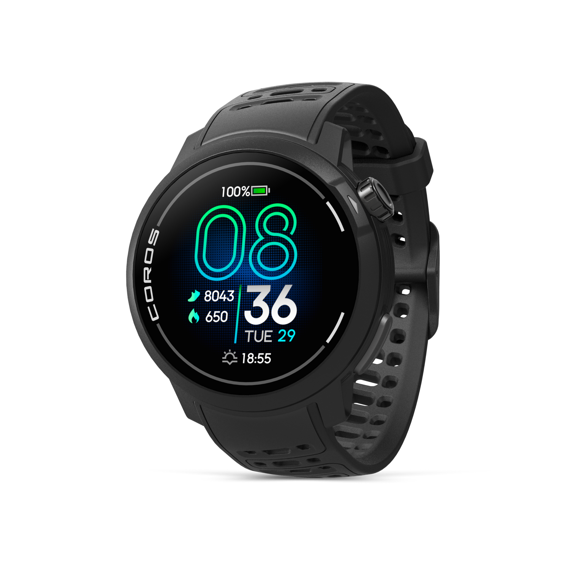 Front view of the PACE Pro Black watch facing slightly left with the Black silicone band.